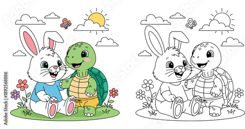 Cute cartoon rabbit and turtle friends. Vector illustration of happy bunny and tortoise characters sitting in nature with sun and flowers. The Tortoise and the Hare fable concept for kids.