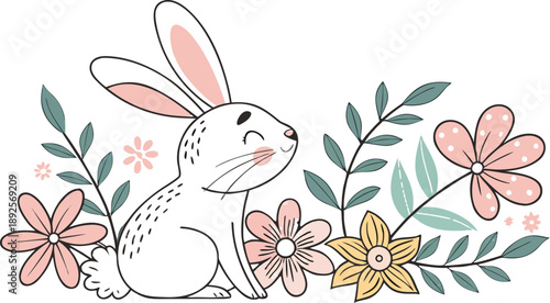 Easter poster and banner template with Easter eggs in the nest on light blue background.Greetings .
Colourful easter banner with bunnies, eggs and flowers. Vector