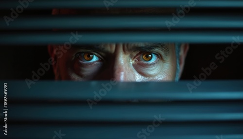 Man peers through blinds with intense gaze. Eyes convey suspicion and anxiety, observing something hidden in darkness. Person watches secretly from indoors, conveying unease and distrustful mood.