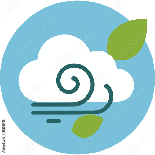 Windy weather illustration with cloud, leaves, and swirl in circular frame