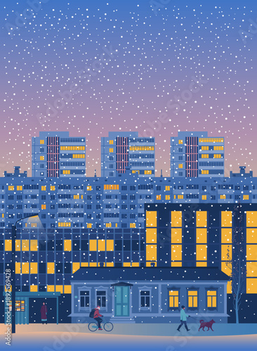 Winter evening urban cityscape in flat vector style inspired by Eastern European architecture: residential apartment blocks with warm glowing windows, snowfall. Atmospheric illustration