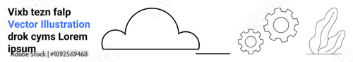 Cloud storage, digital collaboration, automation, technology design, data management, innovation. Minimalist cloud, gears and abstract plant. Cloud storage and digital collaboration theme