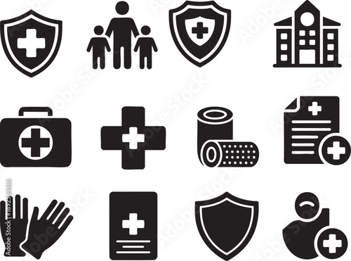 Collection of black medical and healthcare including shields crosses first aid kit and hospital building