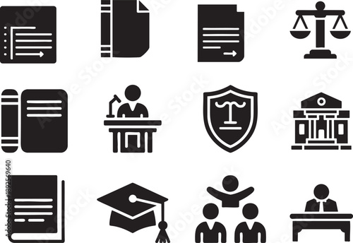 Collection of black legal and educational including scales of justice courthouse graduation cap and books