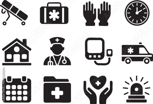 Collection of black medical including stretcher ambulance nurse clock house and heart symbol medical healthcare symbols