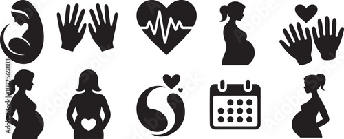 Collection of black silhouette representing pregnancy motherhood healthcare and family planning