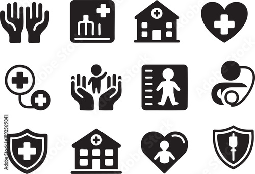 Collection of twelve black and white medical and healthcare featuring hands hearts shields hospitals people and medical symbols