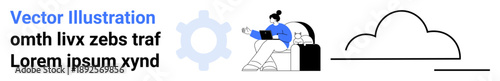 Cloud computing, remote work, online collaboration, technology setup, digital storage, innovation. Woman typing on a laptop sitting near a cloud and a gear. Cloud computing and remote work concept