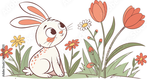 Easter poster and banner template with Easter eggs in the nest on light blue background.Greetings .
Colourful easter banner with bunnies, eggs and flowers. Vector