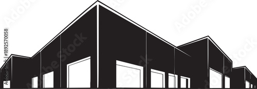 Large industrial building with black exterior and white windows in a minimalist architectural architecture