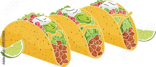 Mexican taco illustration set, beef tacos with lettuce tomato cheese sour cream, street food vector icons collection