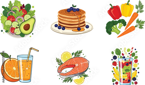 Healthy food illustration set, salad pancakes vegetables juice salmon smoothie, colorful nutrition vector icons collection