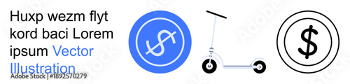 Financial technology, transportation services, ride-sharing, economic solutions, eco-friendly transport, savings. Blue money symbol, scooter and black dollar coin. Financial technology
