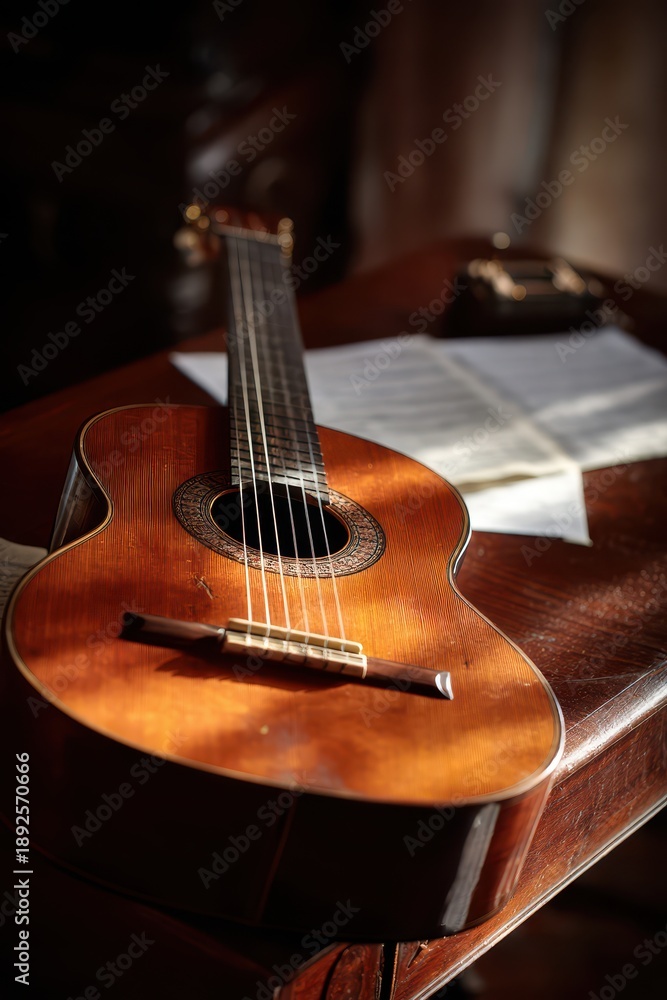 Fototapeta premium Still life of an acoustic classical guitar with sheet music and metronome