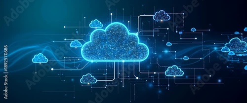 Glowing digital cloud icons float seamlessly as the camera slowly pans across a futuristic, cinematic network landscape, highlighting advanced technology and data connectivity in a dynamic, ambient sc