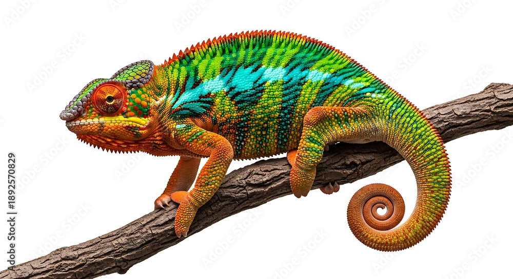 Obraz premium A vibrant panther chameleon clings to a branch displaying its colorful scales