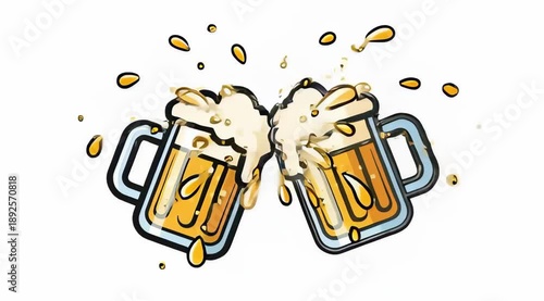 Two Beer Mug Toast Cheers Celebration, Clinking with Splash Effect, Cartoon Illustration Style