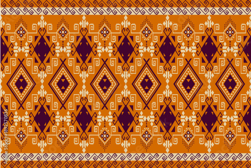 Ethnic geometric seamless pattern with tribal motifs, zigzag lines, and symmetrical shapes in warm earthy tones, suitable for textile design, wallpaper, background, and decorative prints.