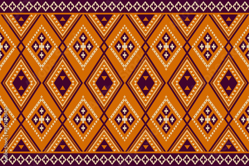 Ethnic geometric seamless pattern with tribal motifs, zigzag lines, and symmetrical shapes in warm earthy tones, suitable for textile design, wallpaper, background, and decorative prints.