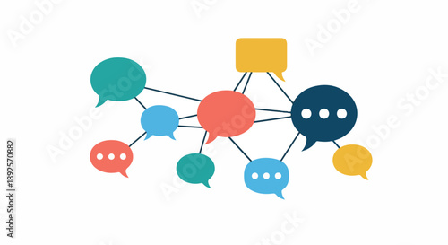 Connected conversation bubbles illustrating a network of communication and idea sharing among people