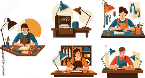 Leather craftsman working at workshop desk, handmade artisan tools, creative studio illustration, traditional craftsmanship concept, flat vector design