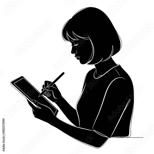 Woman Digital Artist Drawing on Tablet with Stylus Silhouette Vector