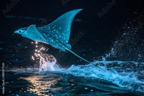 A luminous stingray leaps from the dark ocean waters in a dazzling display of aquatic movement and bioluminescence.