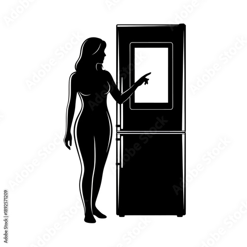Woman Using Smart Fridge Touch Screen Interface Silhouette Vector