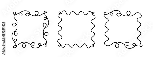 Square doodle frame, hand-drawn wavy curly engagement monograms. Edgings and cadres simple sketchy scribble swirl design, editable one line decoration old-fashioned greeting elements. Editable stroke.