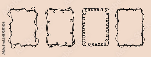 Rectangular doodle frame stamp, hand-drawn wavy curly engagement monograms. Edgings and cadres with simple sketchy scribble swirl design photo decoration old-fashioned greeting elements. Editable