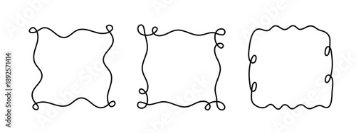 Square doodle frame, hand-drawn wavy curly engagement monograms. Edgings and cadres simple sketchy scribble swirl design, editable one line decoration old-fashioned greeting elements. Editable stroke.