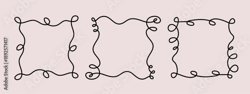 Square doodle frame, hand-drawn wavy curly engagement monograms. Edgings and cadres simple sketchy scribble swirl design, editable one line decoration old-fashioned greeting elements. Editable stroke.