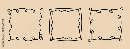 Square doodle frame, hand-drawn wavy curly engagement monograms. Edgings and cadres simple sketchy scribble swirl design, editable one line decoration old-fashioned greeting elements. Editable stroke.