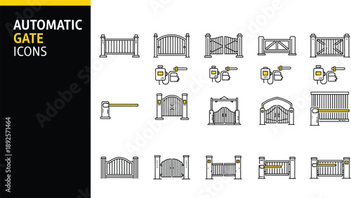 Automatic gate and security barrier line icon set featuring entrance systems, remote control parking, electric fences, swing gates, and residential property protection symbols.