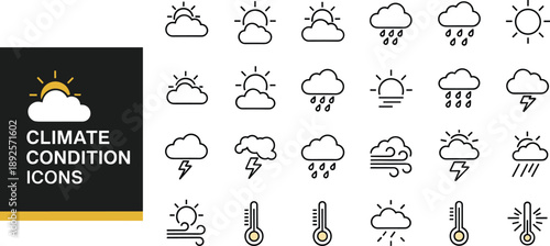 Climate condition icons set with sun clouds rain thunder wind and temperature symbols, clean outline style weather forecast icons for mobile app ui vector design