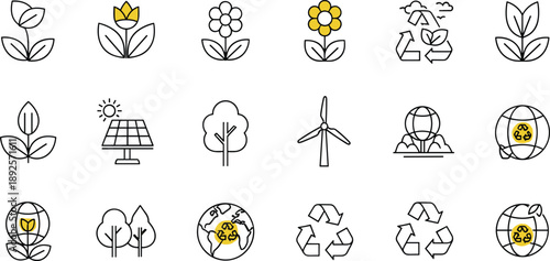 Ecology and renewable energy icons set with plants recycling earth solar and wind symbols clean outline vector
