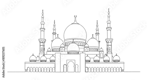 Experience the majestic beauty of a Middle Eastern mosque with its stunning domes and intricate minarets. A symbol of culture and religion, this iconic landmark is perfect for illustrating travel, tou