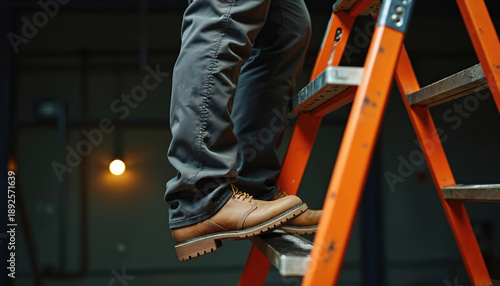 Worker in work pants and brown boots climbs orange ladder. Person ascends safety step indoors. Male employee works on construction site. Handyman job. Upward movement. Blurred background light.