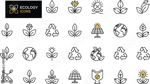 Ecology icons set with leaves recycling solar energy and planet symbols, clean outline style environmental sustainability icons for green technology education ui vector design