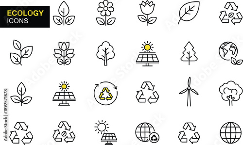Ecology icons set with leaves flowers recycling solar panels wind energy and earth symbols, clean outline vector design for sustainability environmental projects