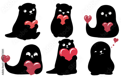 Vector set of black silhouette of seal and otter with hearts. Valentines Day collection of cute hand drawn animal clip art