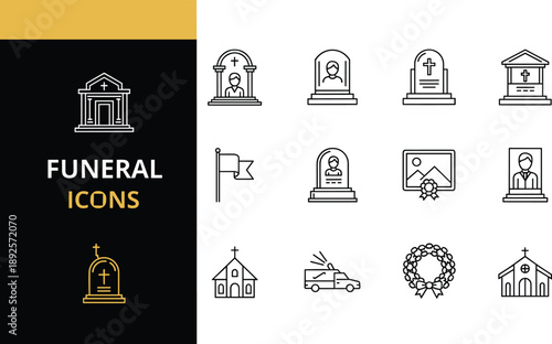 Funeral and memorial line icon set featuring gravestones, cemetery monuments, church buildings, death ritual symbols, and mourning ceremony elements for design.