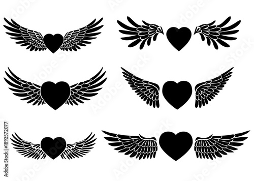 Vector set of black silhouette of hearts with angel wings. Valentines day symbol. Monochrome festive collection of love symbol clip art