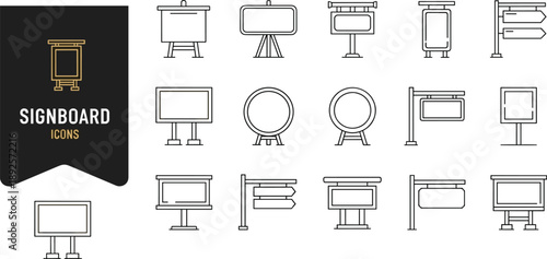 Outdoor signboard and billboard line icon set featuring empty advertisement frames, street posters, promotion stands, city signage, and marketing display board symbols.