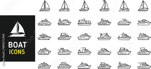 Professional boat and maritime line icon set featuring sailboats, luxury yachts, cargo ships, speedboats, naval vessels, and sea transportation symbols for travel.