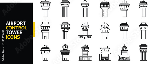 Professional airport control tower line icon set featuring air traffic management buildings, radar stations, flight navigation hubs, and aviation communication symbols for design.