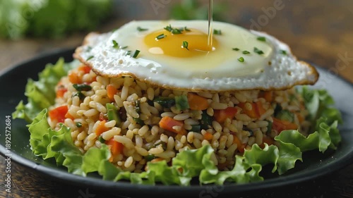 Delicious fried rice topped with a perfectly cooked sunnysideup egg, ready to be enjoyed.