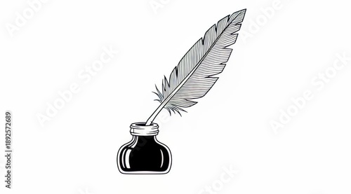 Vintage Quill Pen and Inkwell, Classic Literature Symbol, Traditional Writing and Poetry Concept, Flat Cartoon Illustration Style