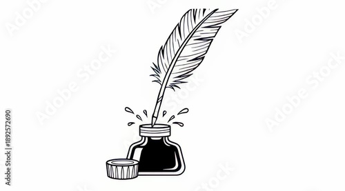 Vintage Quill Pen and Inkwell, Classic Literature Symbol, Traditional Writing and Poetry Concept, Flat Cartoon Illustration Style