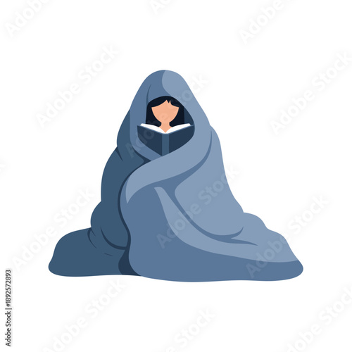 Woman reading book while wrapped in cozy blue blanket indoors  